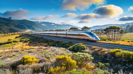 A modern train zipping through a picturesque landscape with hills and vibrant blue skies.