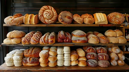 Foto op Plexiglas Breads on supermarket shelves, Different bread, baguettes, bagels, bread buns, and a variety of other fresh bread on display on grocery store bakery shelves, bread in a bakery,bread buns on baker shop © Jennifer