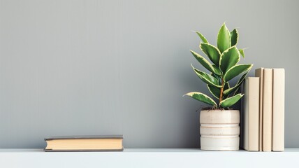 A potted plant sits next to neatly stacked books on a clean shelf against gray background.