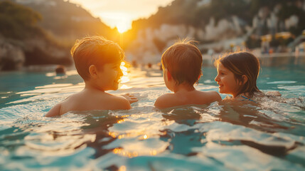 A happy family has fun in a natural thermal pool. - obrazy, fototapety, plakaty