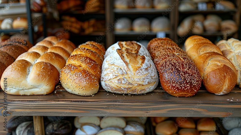 Wall mural breads on supermarket shelves, different bread, baguettes, bagels, bread buns, and a variety of othe