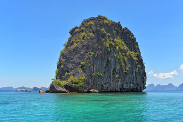 Scenic Rock in the sea. Excursion boat tour in Philippines, El Nido, Palawan