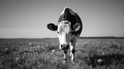 cow in meadow black and white
