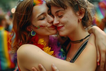 Amidst the cheers of the crowd, a woman's bold act of kissing her girlfriend showcased the spirit of the gay parade
 - obrazy, fototapety, plakaty
