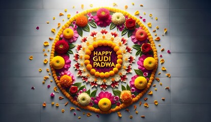 Happy gudi padwa illustration with rangoli made of beautiful flowers.