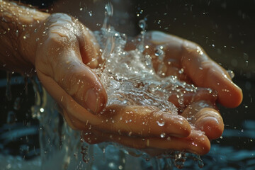 Close-up of hands being washed with splashing clear water