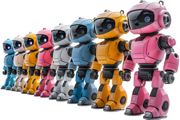 A 3D animated cartoon render showing a group of colorful robots making tactical adjustments.
