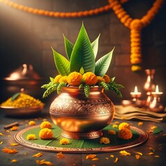 Realistic gudi padwa celebration background with  copper pot and decoration. - obrazy, fototapety, plakaty