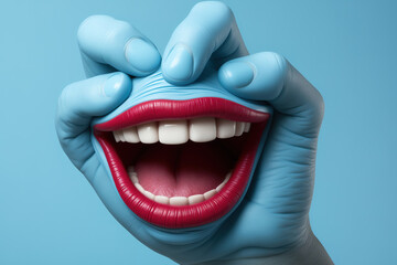 Naklejka premium A smile in a woman's hand on a blue background. Blue hand, psychedelic. Generative AI.