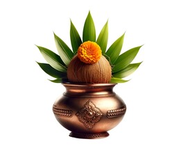 Naklejka premium Traditional copper pot with coconut and mango leaves for gudi padwa celebration.