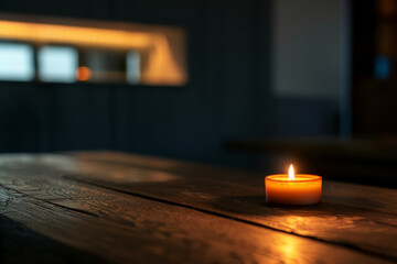 Single lit tealight candle on dark wooden surface, warm ambiance - obrazy, fototapety, plakaty