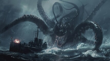 A monstrous kraken rises from storm-tossed seas to attack a battle-ready ship, under a foreboding, tempestuous sky. - obrazy, fototapety, plakaty