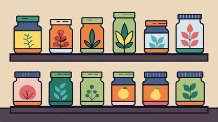  A row of glass jars filled with colorful salves and ointments line a shelf. Each jar is adorned with a handdrawn illustration of the specific - obrazy, fototapety, plakaty