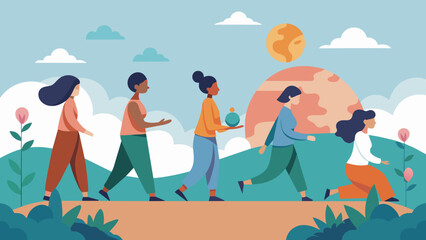 Fototapeta premium A serene natural setting where a group practices walking meditation connecting with the earth and their inner selves through each step.