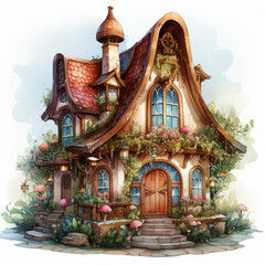 Fototapeta premium watercolor Kawaii Gingerbread House clipart, Generative Ai