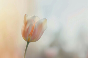 Pink and yellow tulip in soft focus with glowing sunlight and bokeh