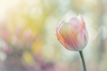 Pink and yellow tulip in soft focus with glowing sunlight and bokeh
