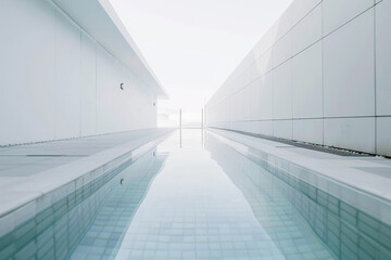 Modern white tiled swimming pool with bright indoor lighting