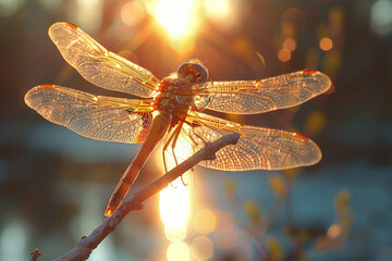 Summertime sun with a dragonfly perched on a twig. - obrazy, fototapety, plakaty