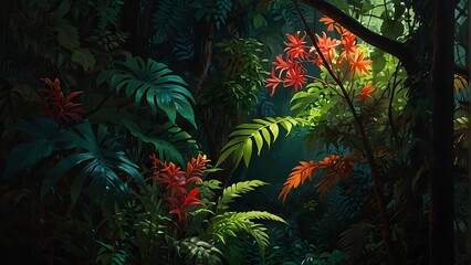 Fototapeta na wymiar Nighttime Tropical Jungle with Vibrant Greenery and Diverse Tree Species