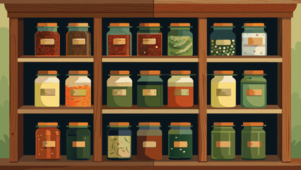  Closeup of a wooden cabinet filled with neatly labeled jars of dried herbs each with its own unique healing properties.