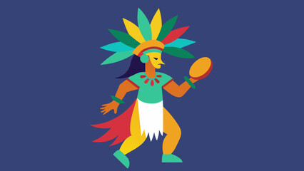  A colorful feather headdress adorned with beads and shells sits atop a shamans head as they dance rhythmically to the beat of the drum.