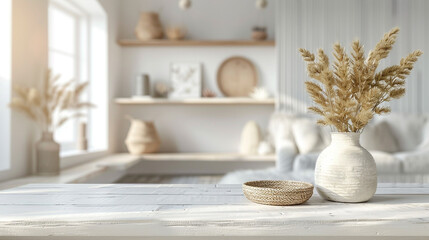 Blank minimalist white tabletop with blurred home decor items and furnishings in the background
