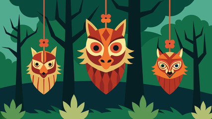  Carved wooden masks representing animal spirits hang on the trees surrounding the clearing watching over the ceremony.