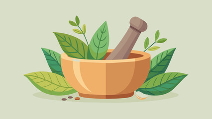  A mortar and pestle filled with dried herbs and es ready to be ground into a fragrant and theutic blend for healing remedies. - obrazy, fototapety, plakaty