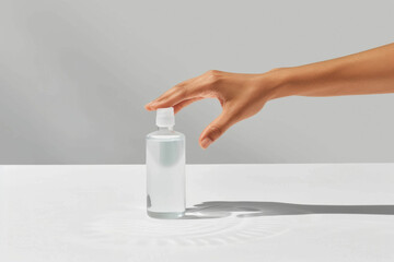 Hand reaching for a clear sanitizer bottle with pump on white surface