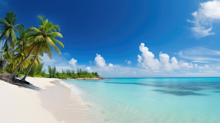 Beautiful palm tree on empty tropical island beach on background blue sky with white clouds and...