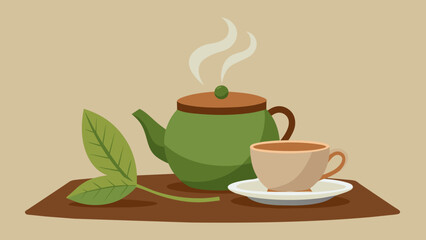  A steaming pot of herbal tea made with a combination of healing roots and leaves sits on a woven mat next to a cup and saucer.