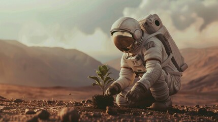 Fototapeta premium astronaut planting a tree on Mars during the day in high resolution and high quality. concept plants, astronaut