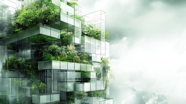 Abstract image of modern eco-friendly building with lush greenery integrating with the structure, symbolizing sustainable urban development.