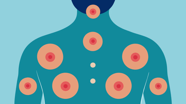  Closeup of a persons back with multiple circular marks demonstrating the aftermath of cupping therapy.