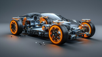 Cutaway illustration of an electric car's chassis showcasing its internal components and structure on a gray background.. - obrazy, fototapety, plakaty