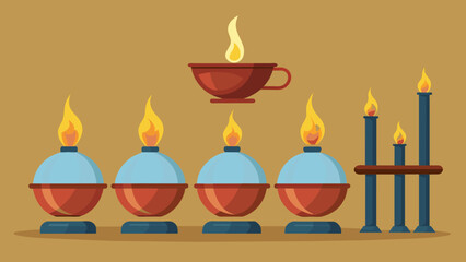 A detailed shot of a set of fire cupping equipment with a burner in the background and several glass cups displayed in the foreground. The cups