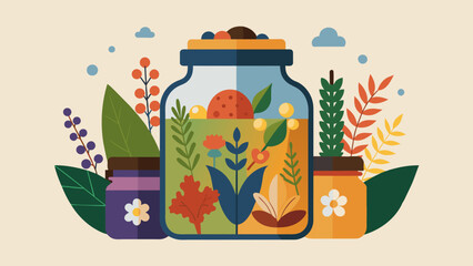  A jar filled with an assortment of teas and tinctures emphasizing the tradition of creating herbal remedies from natural plants and the respect