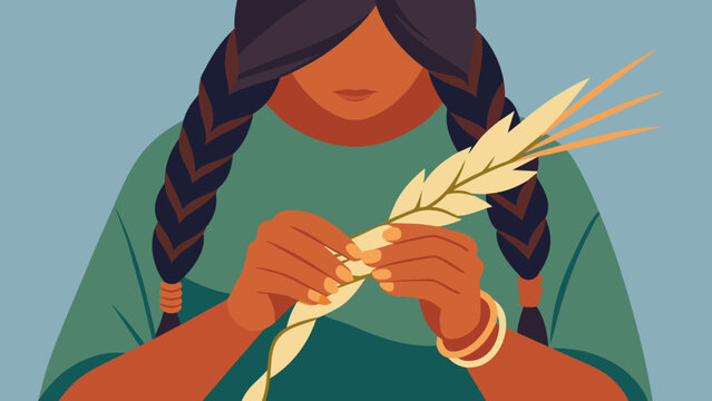  A closeup of a womans hands braiding sweetgrass a fragrant plant used for spiritual cleansing and healing in Native American ceremonies.
