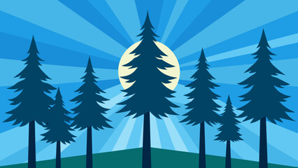 Fototapeta premium A group of pine trees stands tall and majestic against a clear blue sky. The suns rays filter through the branches creating a warm and welcoming
