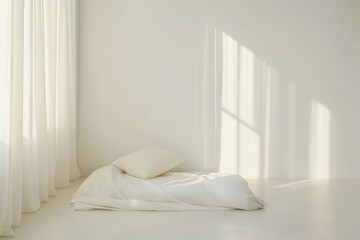 Minimalist bedroom with white bedding and sheer curtains with sunlight