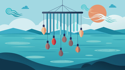  An intricate wind chime with each chime representing a different note swaying in the breeze by the ocean.