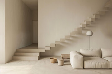 Minimalist interior with floating stairs, modern sofa, and elegant lighting