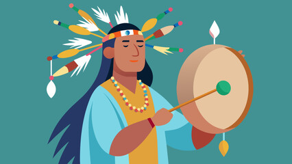  A shaman holds a traditional Native American hand drum its hide stretched tightly and strands of colorful beads dangling from the sides as he