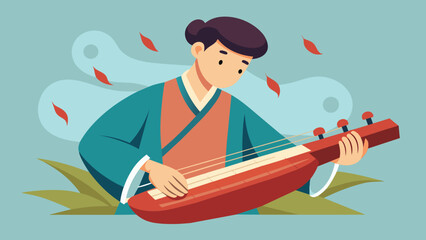  A closeup of a man using a traditional guqin a Chinese string instrument with the description Music has long been used in traditional Chinese