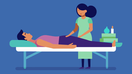 Fototapeta premium A patient lies on a massage table closed eyes and relaxed expression as a practitioner uses sound therapy to harmonize the bodys energy and
