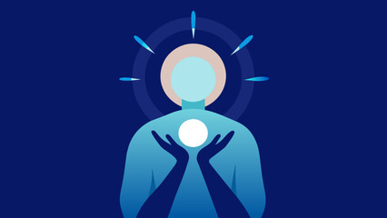  A person holds a small ball of light between their hands using visualization techniques to harness and manipulate the force of Qi for healing
