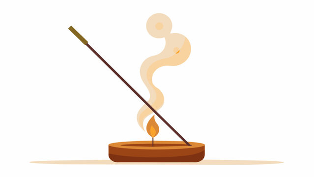  A close up of a wooden incense holder with a stick of fragrant incense burning and emanating smoke. The image invokes a sense of traditional
