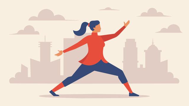  A woman practices Tai Chi in a bustling city square seemingly unaffected by the noise and chaos around her as she connects with her inner