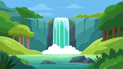 A cascading waterfall its powerful rush of water creating a soothing soundtrack as it tumbles down into a serene pool below. The vibrant green